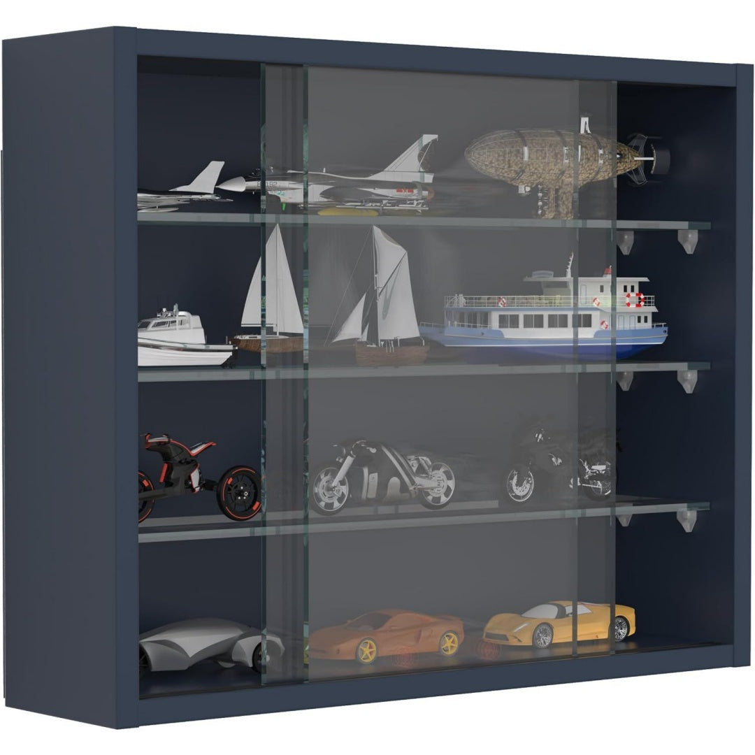 Vitrine en verre gris fonce, etageres modulables
