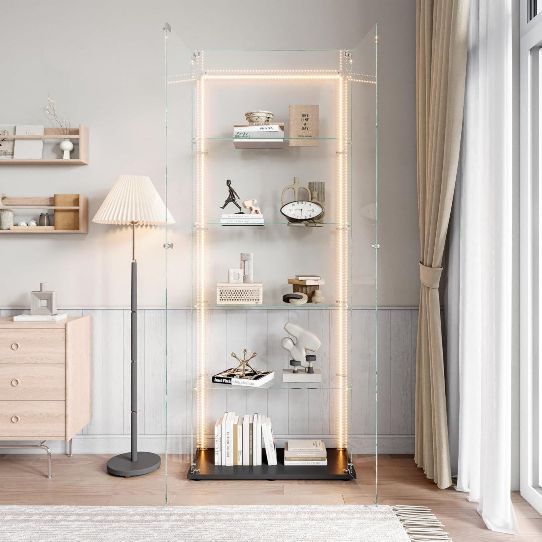 Vitrine gris clair, structure robuste, cinq etageres