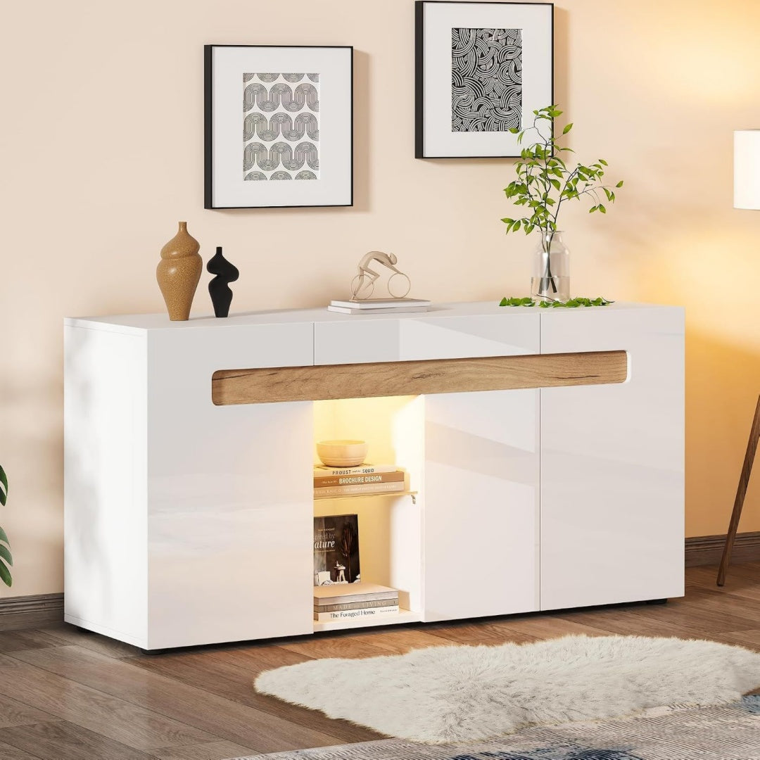 Commode en verre teinte gris clair, trois portes