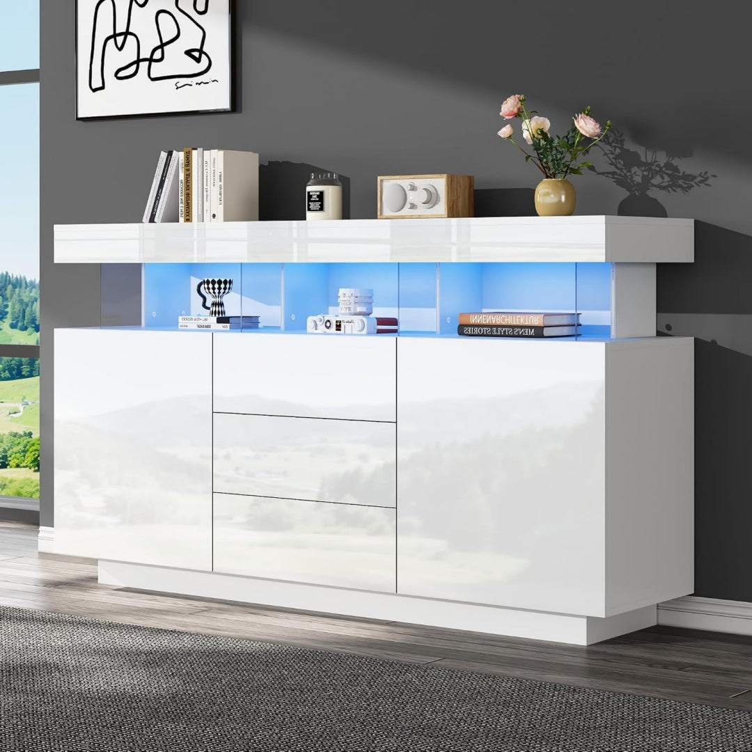 Buffet gris, trois tiroirs, finition verre