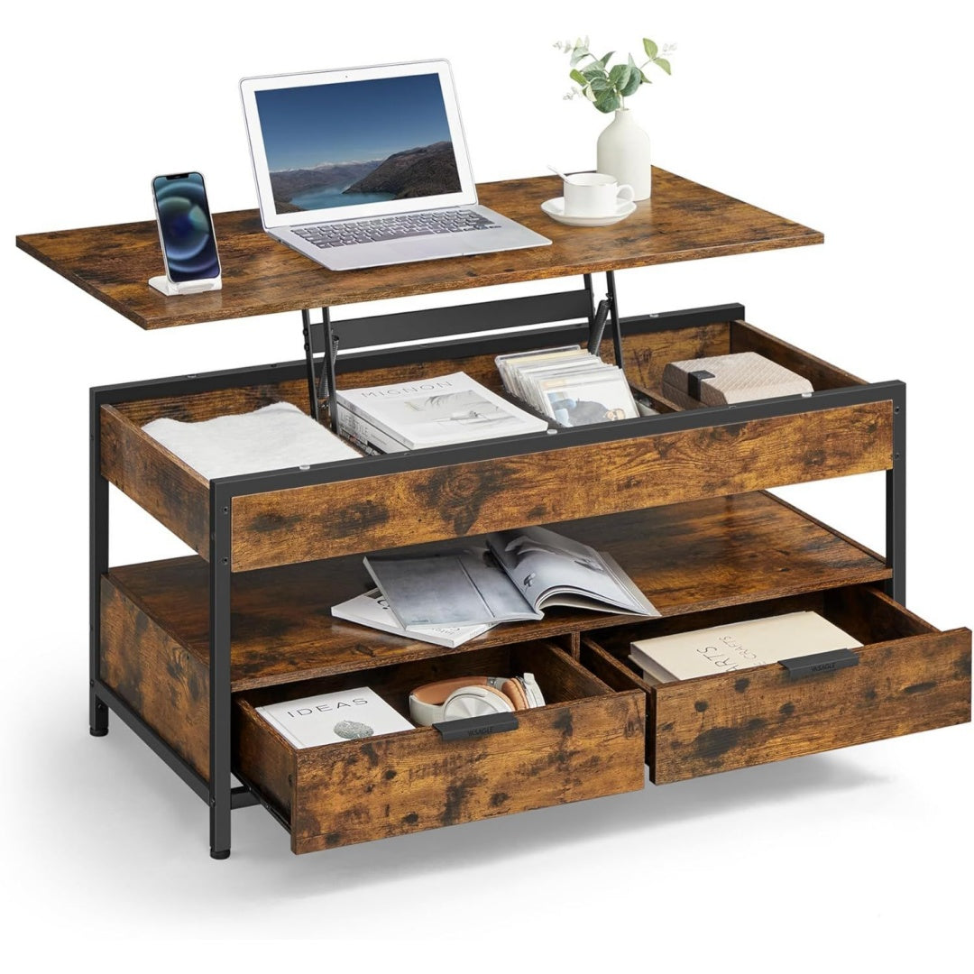 Table basse marron avec 2 tiroirs en acier