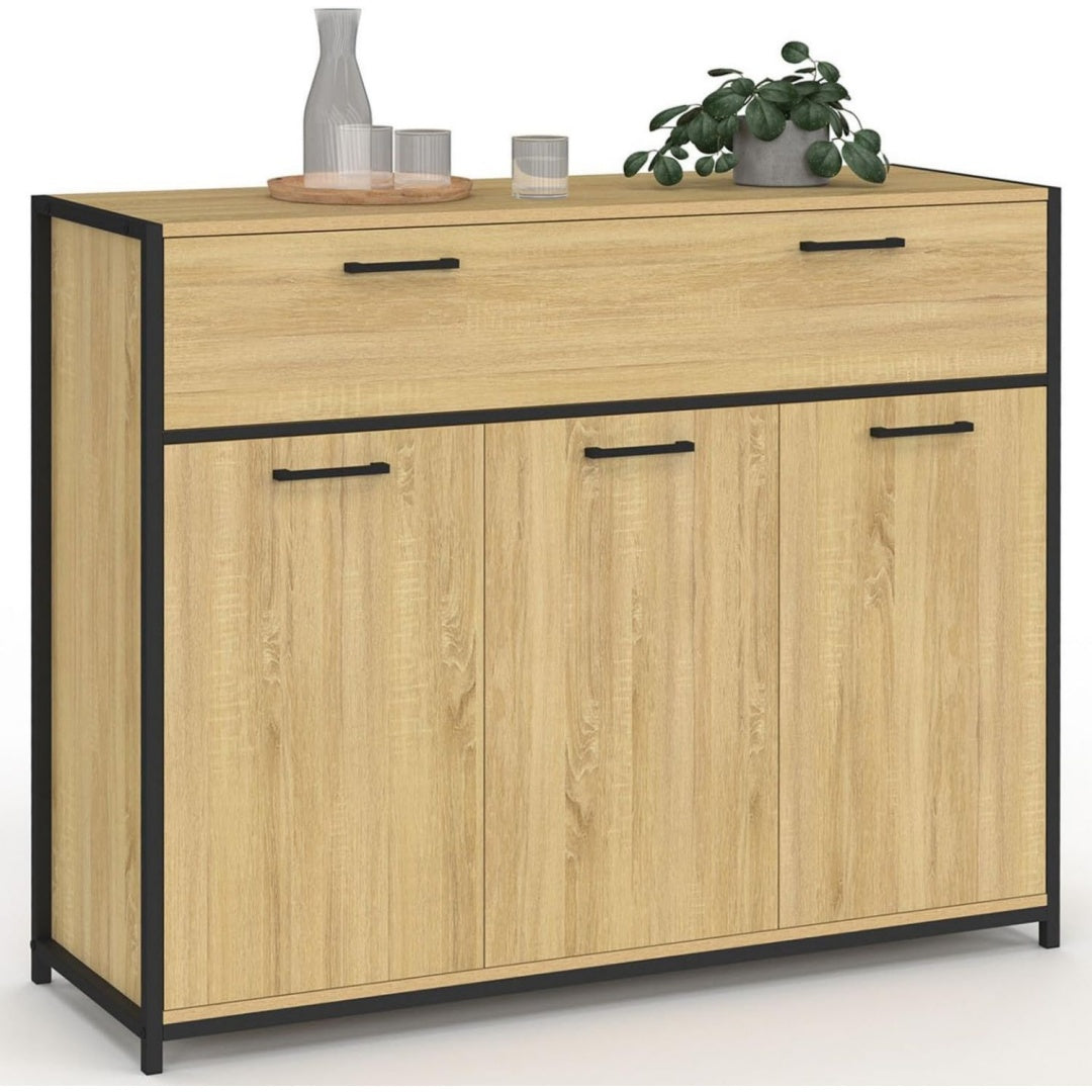 Credence pratique marron a 3 portes 1 tiroir bois ingenierie style industriel