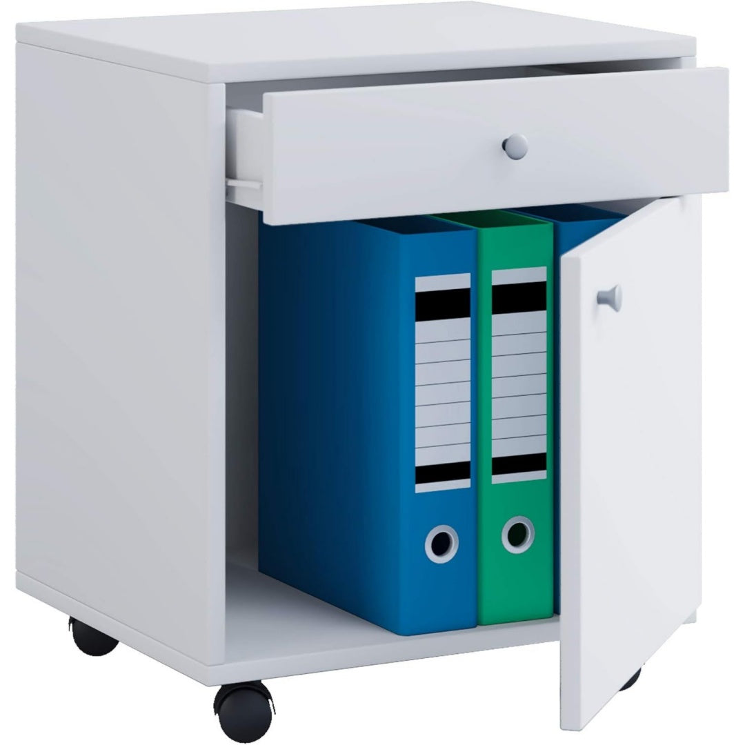 Caisson roulant gris clair, finition bois
