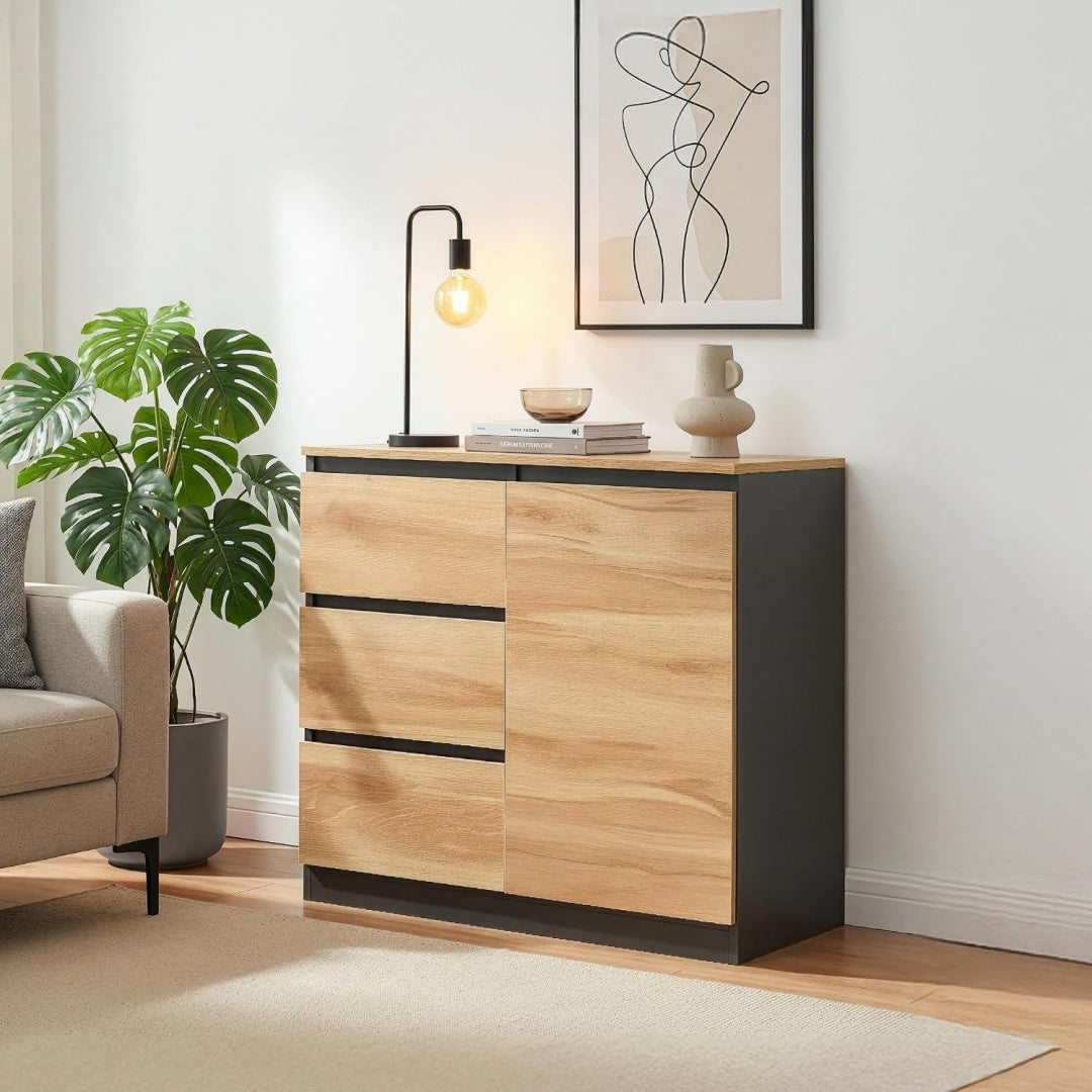 Enfilade gris clair pour bureau, a 1 porte 3 tiroirs finition rustique