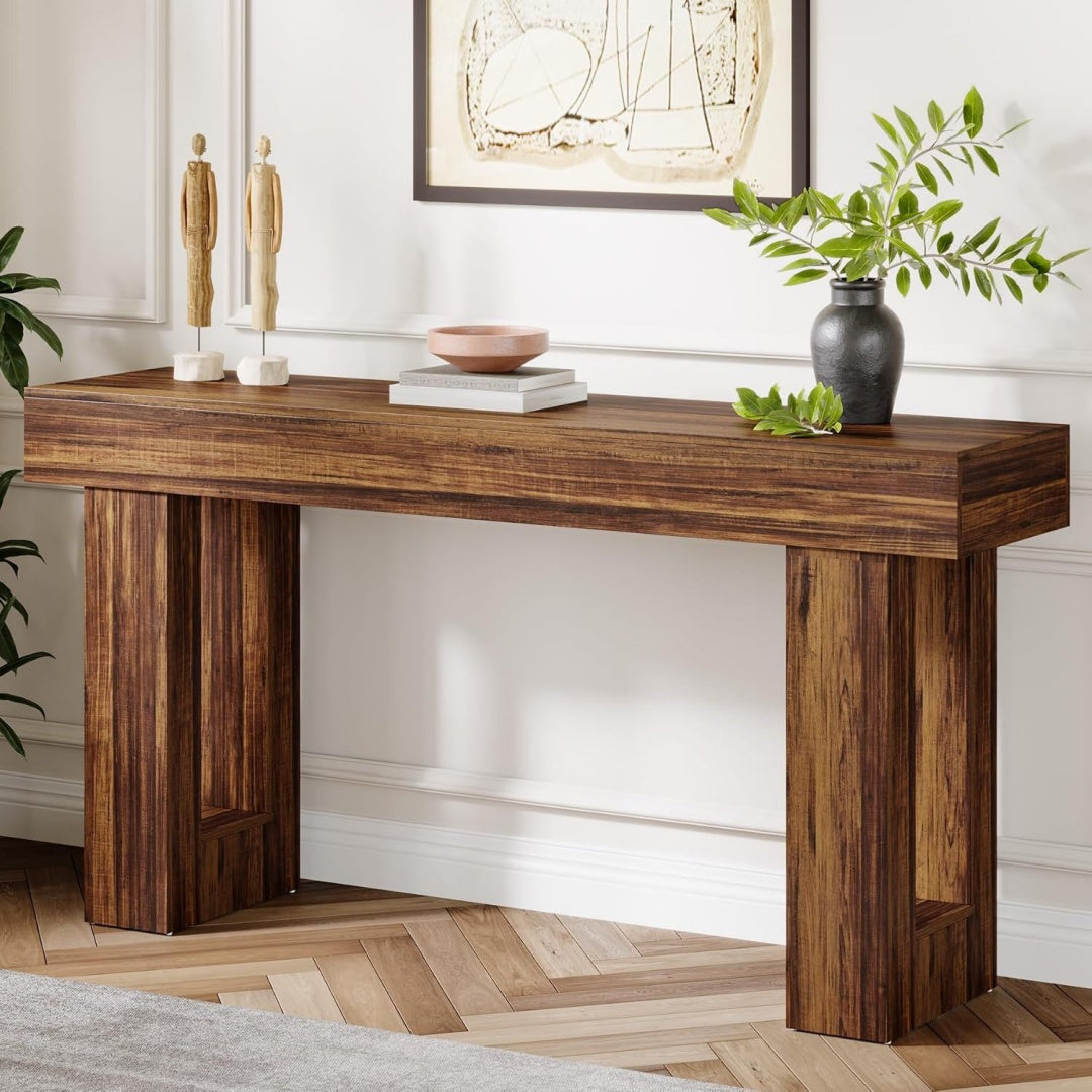 Console etroite gris clair MDF 160 cm, rangement finition rustique