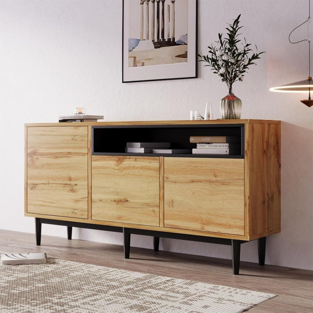 Commode haute design moderne gris clair 1 etagere, bois ingenierie durable