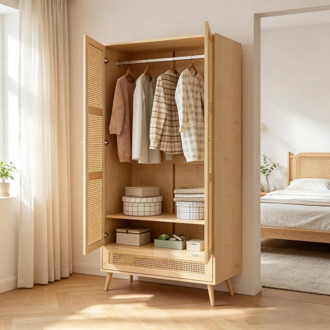 Armoire en rotin et panneau de particules