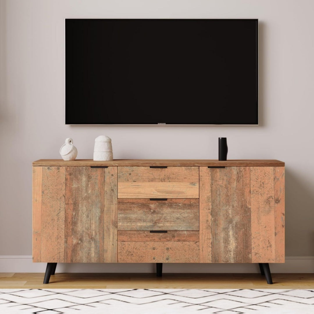 Style Industriel, console TV marron avec 3 tiroirs et 2 etageres